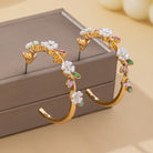 Botanical Bloom: White Enamel & Crystal Gold Hoop Earrings - Bella Blossom Boutique
