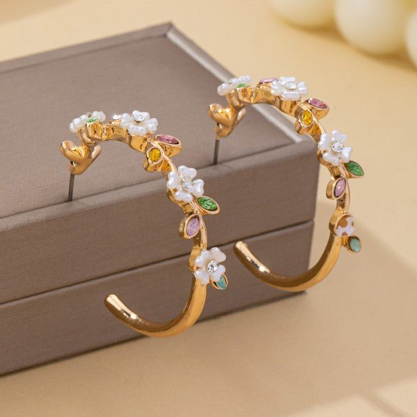Botanical Bloom: White Enamel & Crystal Gold Hoop Earrings - Bella Blossom Boutique
