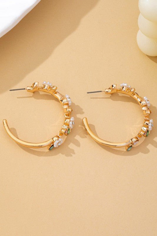Botanical Bloom: White Enamel & Crystal Gold Hoop Earrings - Bella Blossom Boutique