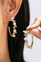 Botanical Bloom: White Enamel & Crystal Gold Hoop Earrings - Bella Blossom Boutique