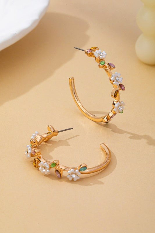 Botanical Bloom: White Enamel & Crystal Gold Hoop Earrings - Bella Blossom Boutique