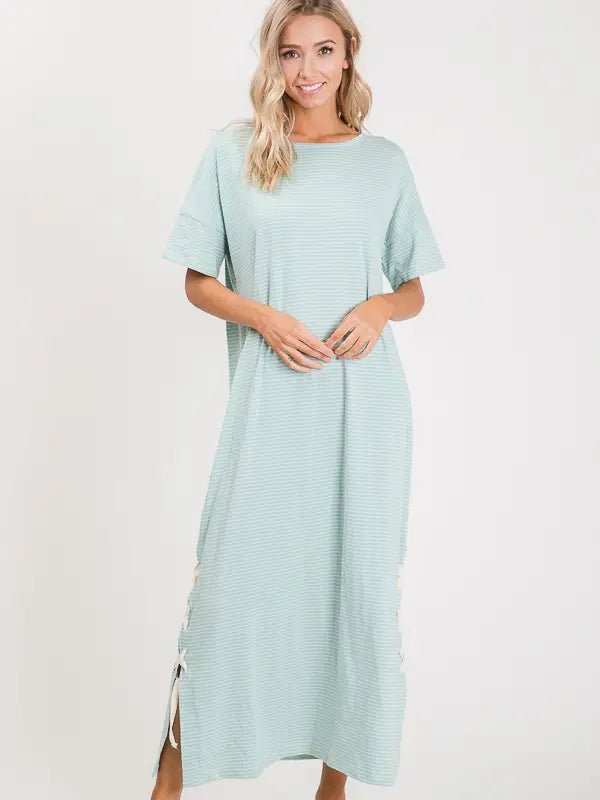 Breezy Coastal Striped Maxi Dress – Oversized Lace - Up Comfort - Bella Blossom Boutique