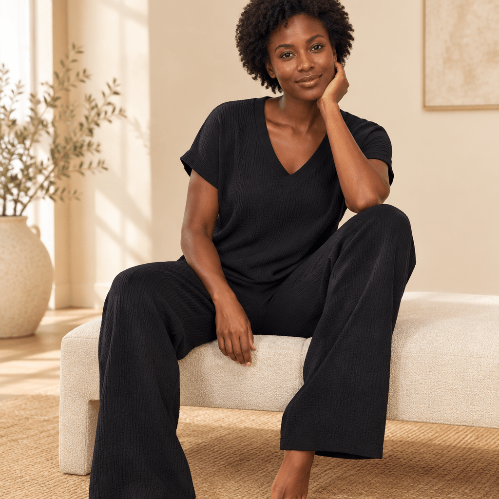 Breezy Crinkle Knit 2-Piece V-Neck Set - Bella Blossom Boutique