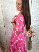 Breezy Tropical Print Resort Midi Dress | Effortless V - Neck Summer Style - Bella Blossom Boutique