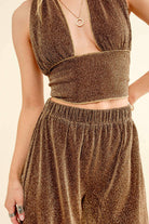 Celestial Shimmer: Metallic Halter Tie - Back & High - Rise Pants Set - Bella Blossom Boutique