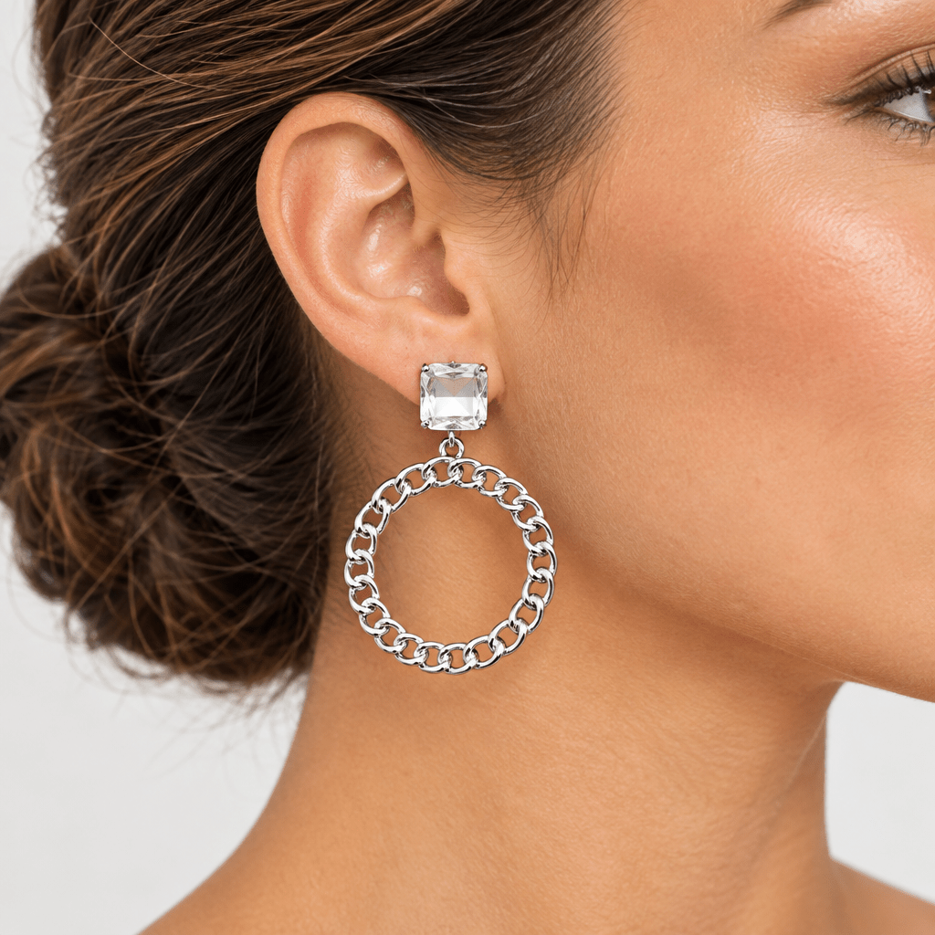 Chain Link Circle Earrings with Rhinestone - Bella Blossom Boutique