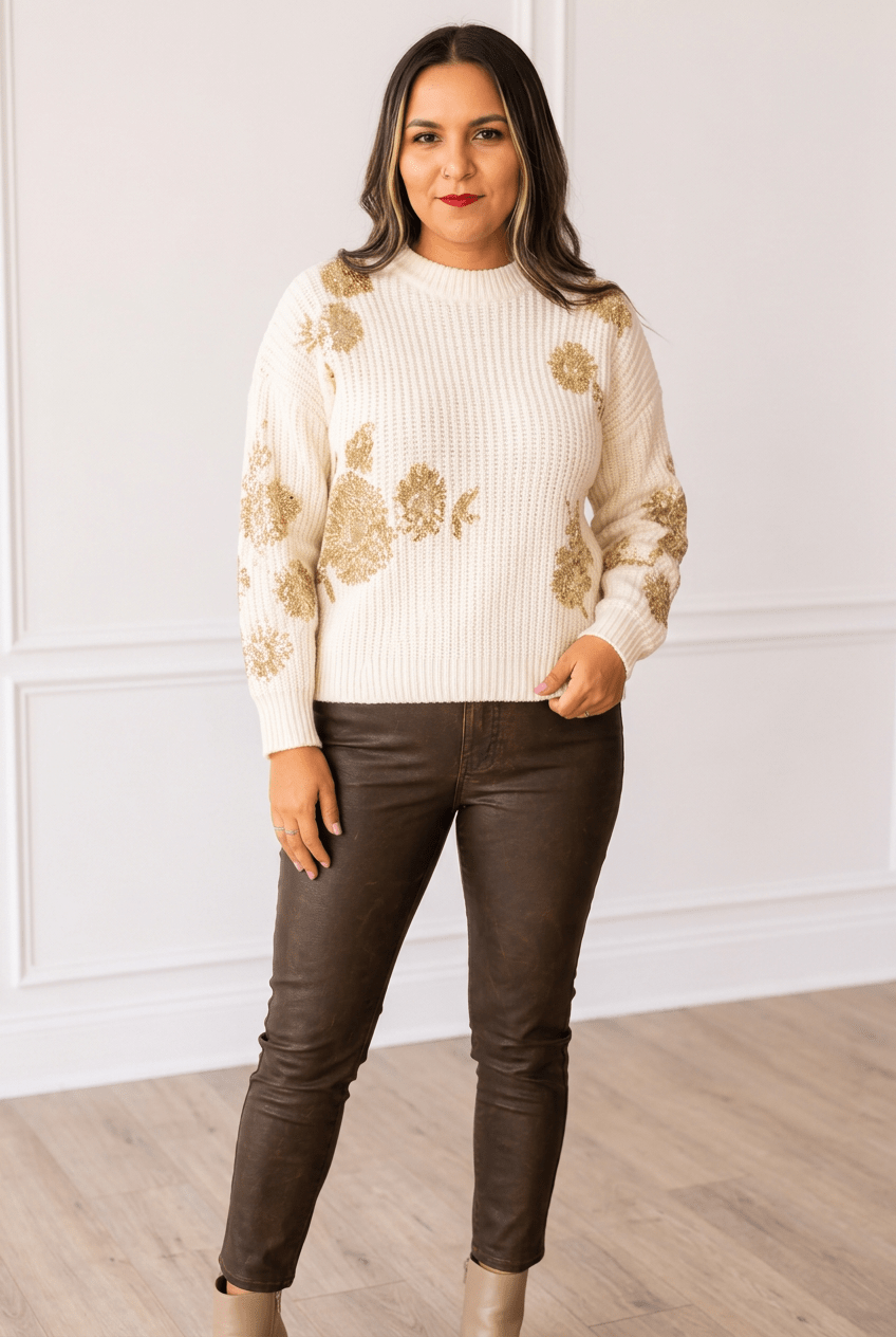 Champagne Sparkle: Ultra-Soft Gold Sequin Holiday Sweater - Bella Blossom Boutique
