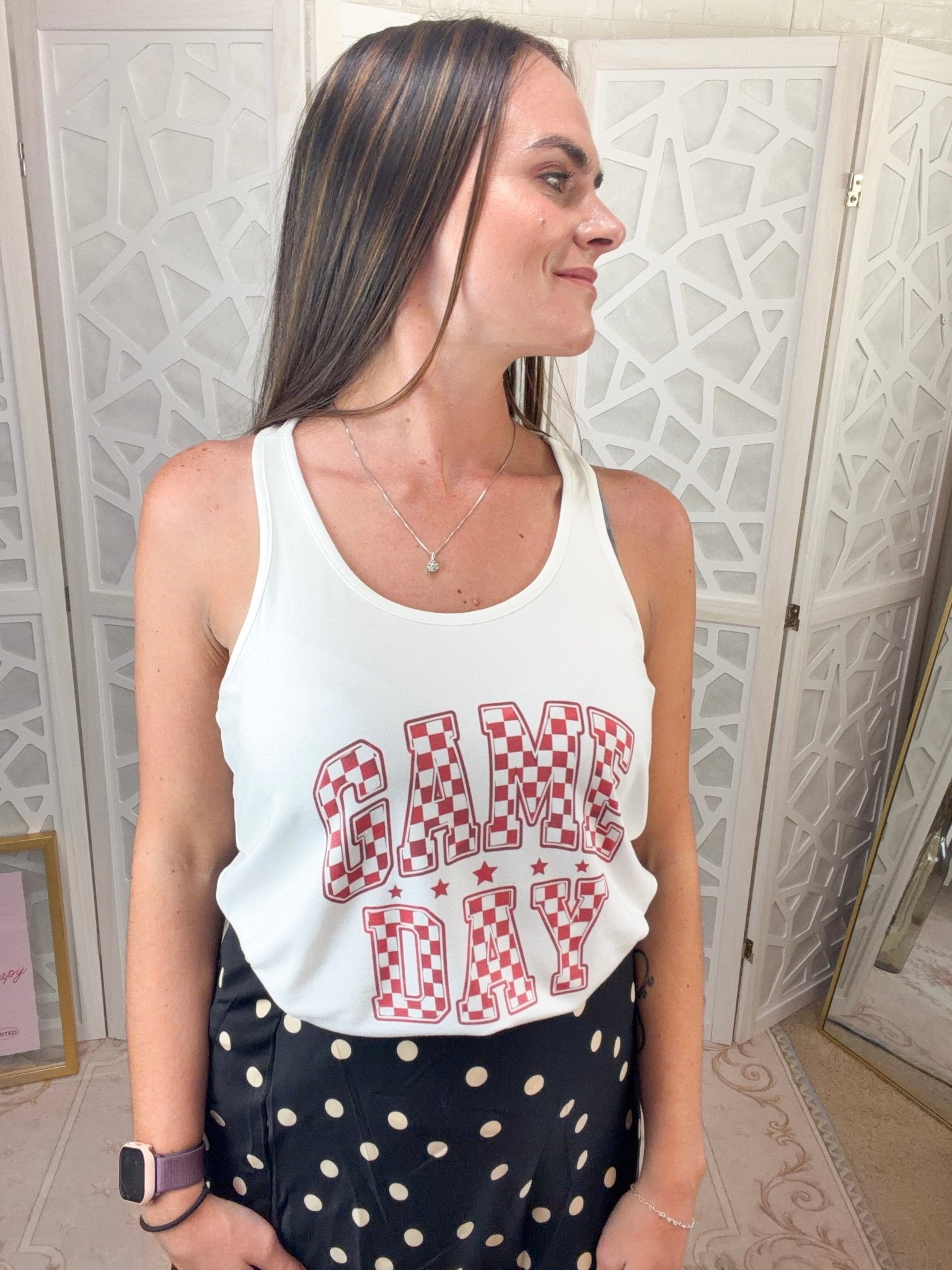 Checkered Game Day Racerback Tank | Sporty Tailgate Graphic Top - Bella Blossom Boutique