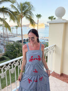 Coastal Embroidered Lobster Gingham Tiered Midi Dress - Bella Blossom Boutique