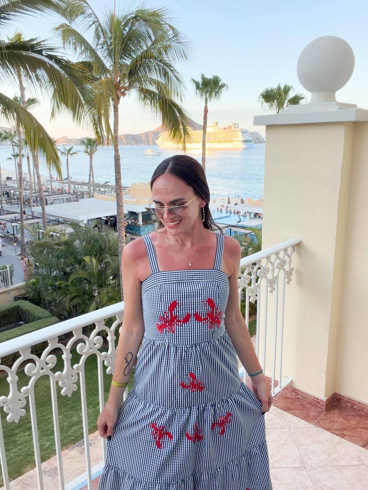 Coastal Embroidered Lobster Gingham Tiered Midi Dress - Bella Blossom Boutique
