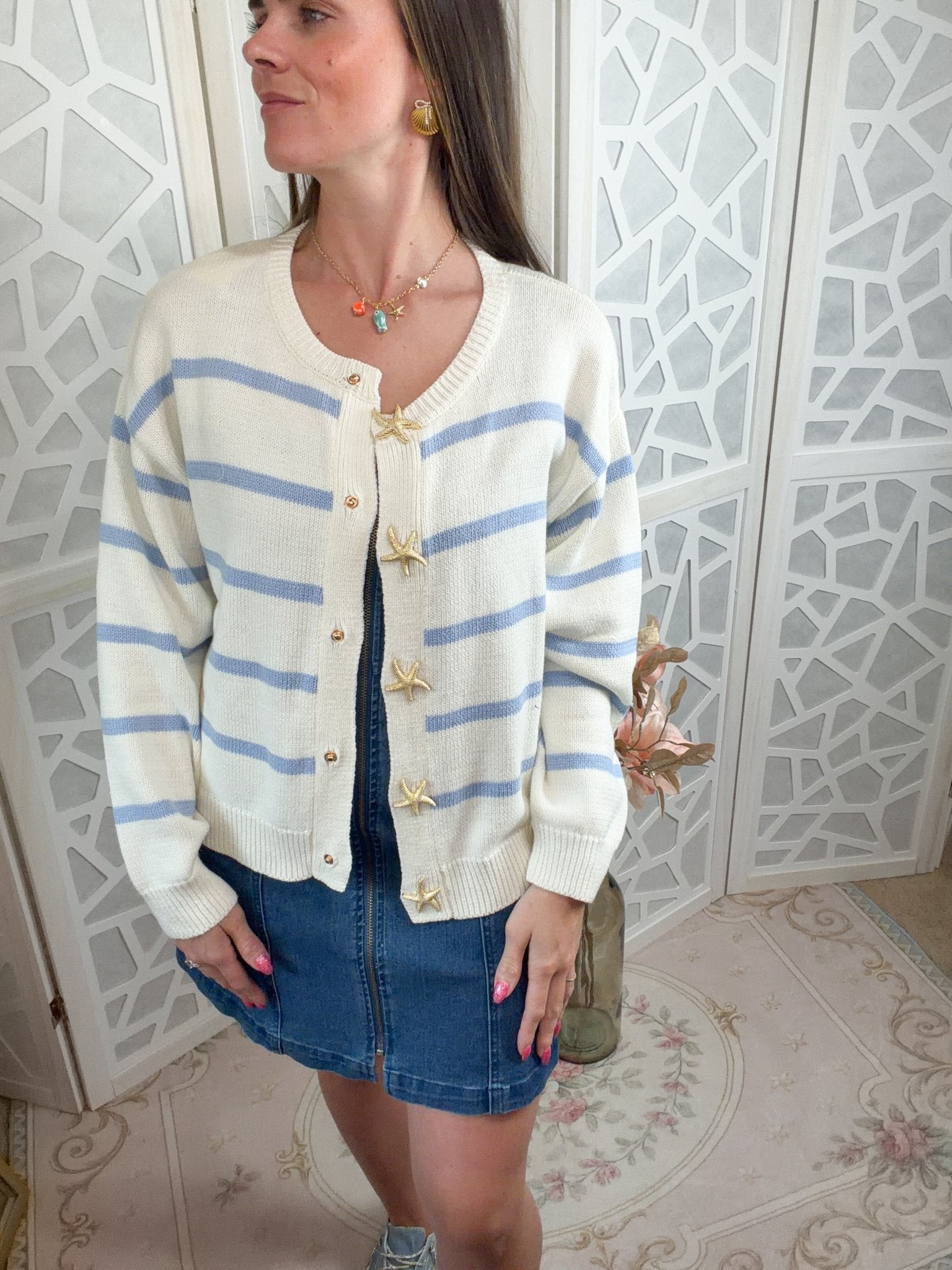 Coastal Starfish Striped Knit Cardigan | Seaside Boutique Style - Bella Blossom Boutique