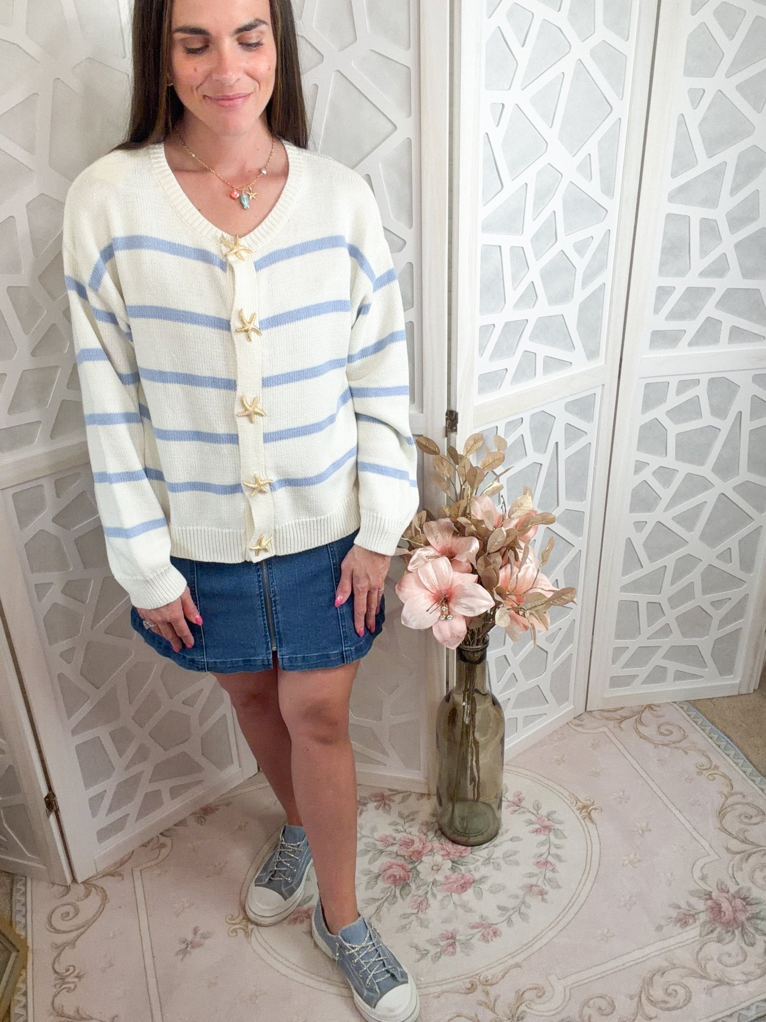 Coastal Starfish Striped Knit Cardigan | Seaside Boutique Style - Bella Blossom Boutique