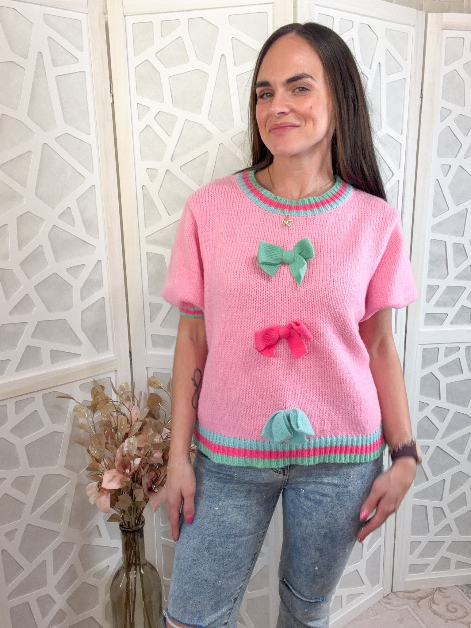 Coquette Chic Pink Color Block Sweater with Bow Accents - Bella Blossom Boutique