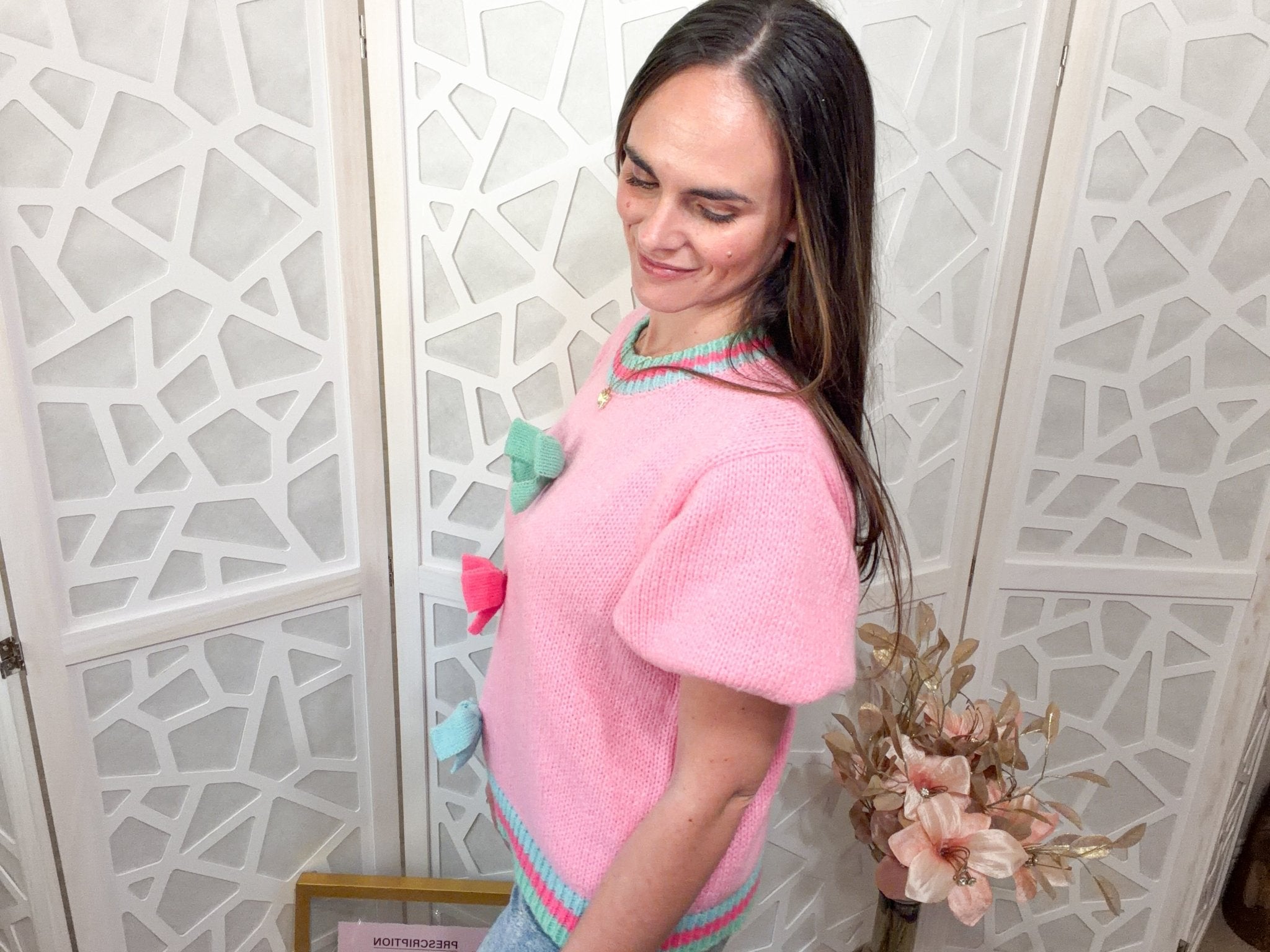 Coquette Chic Pink Color Block Sweater with Bow Accents - Bella Blossom Boutique