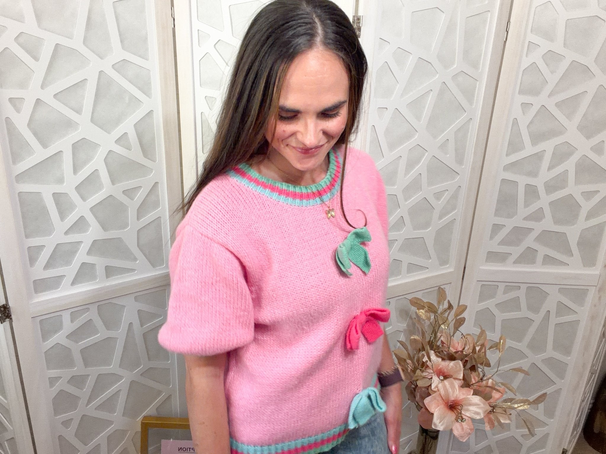 Coquette Chic Pink Color Block Sweater with Bow Accents - Bella Blossom Boutique