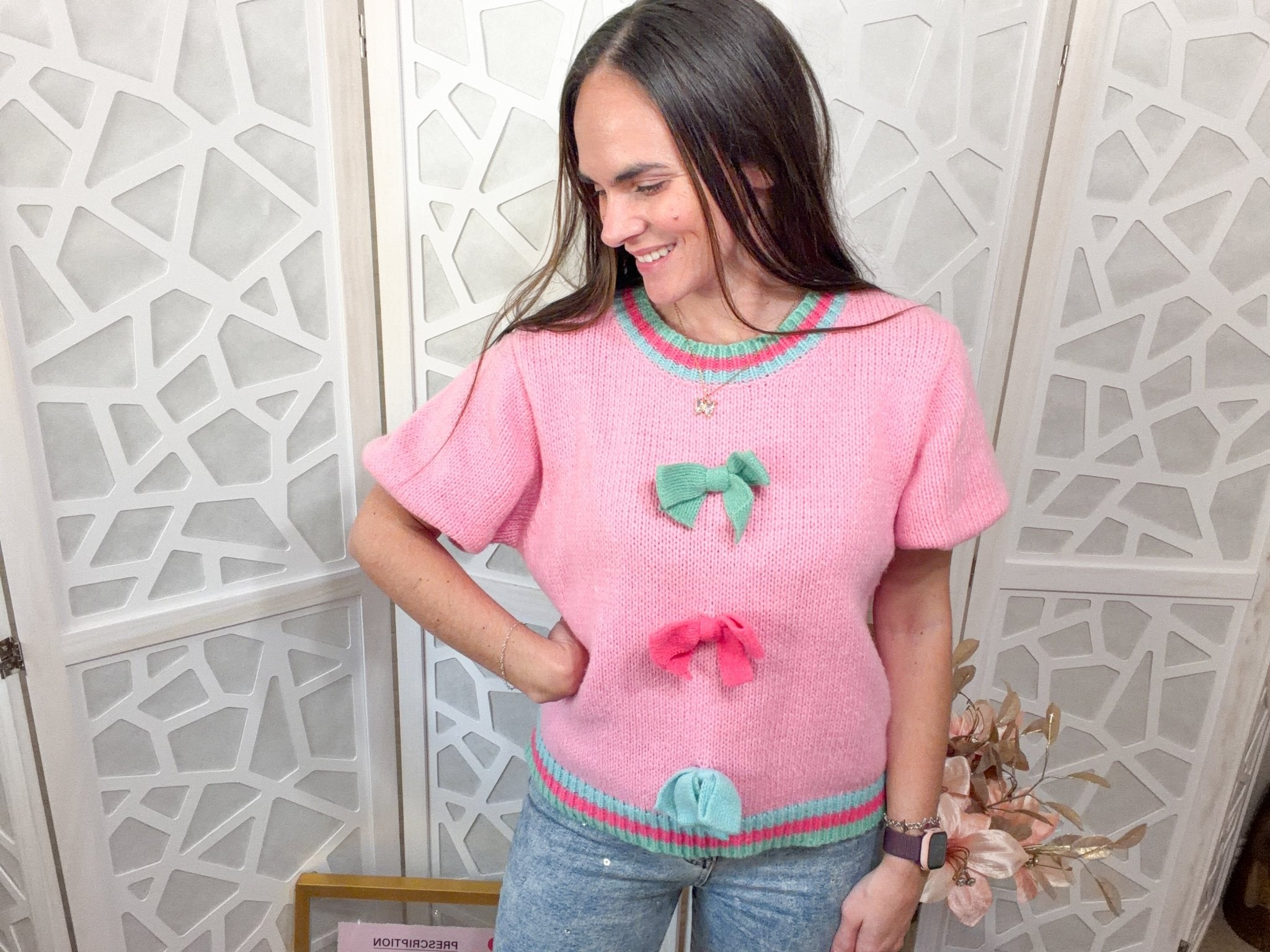 Coquette Chic Pink Color Block Sweater with Bow Accents - Bella Blossom Boutique