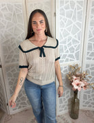 Coquette Sailor Collar Ribbon Knit Top - Vintage Pointelle Blouse - Bella Blossom Boutique