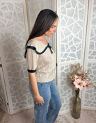 Coquette Sailor Collar Ribbon Knit Top - Vintage Pointelle Blouse - Bella Blossom Boutique