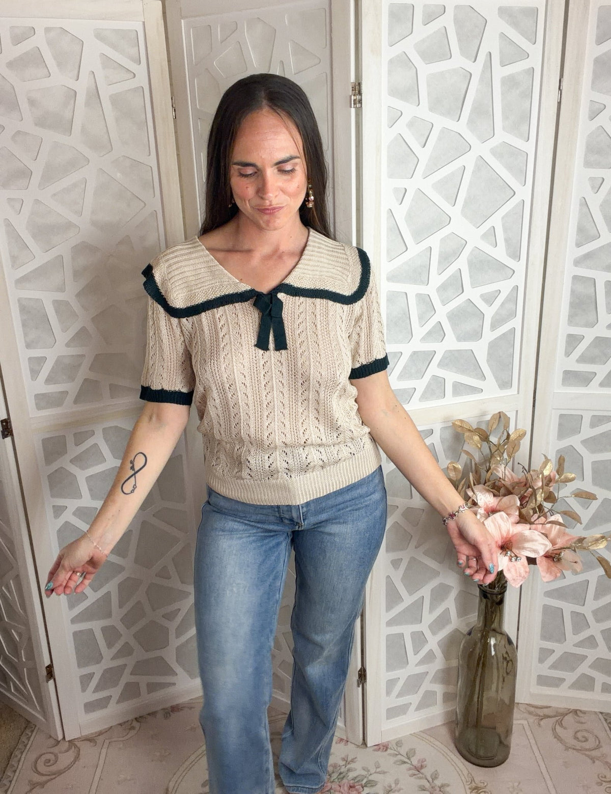 Coquette Sailor Collar Ribbon Knit Top - Vintage Pointelle Blouse - Bella Blossom Boutique
