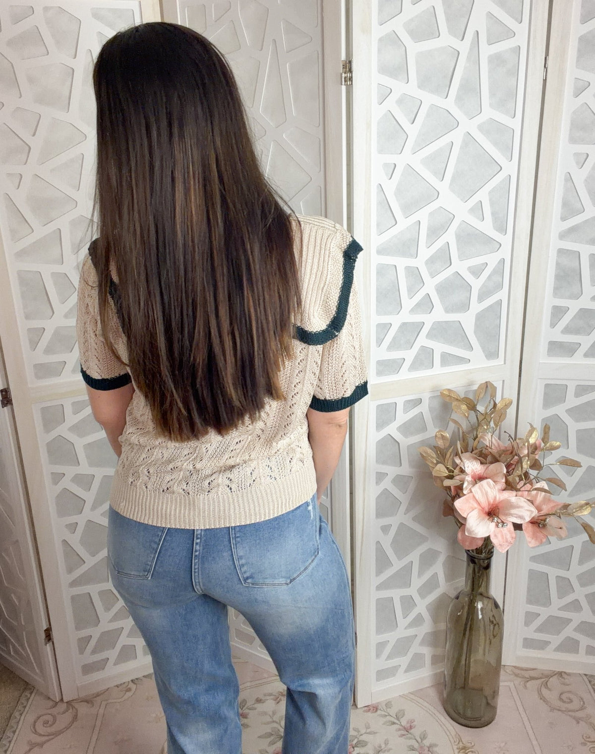 Coquette Sailor Collar Ribbon Knit Top - Vintage Pointelle Blouse - Bella Blossom Boutique