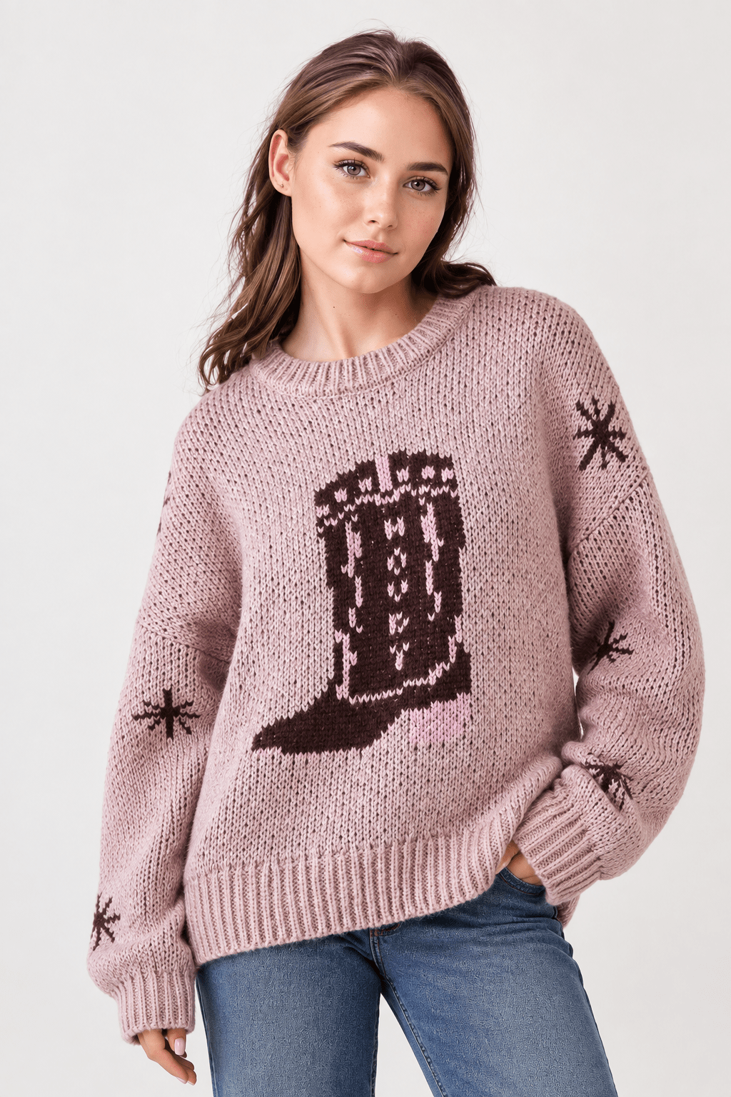 Cowboy Boots Graphic Print Knit Sweater - Bella Blossom Boutique