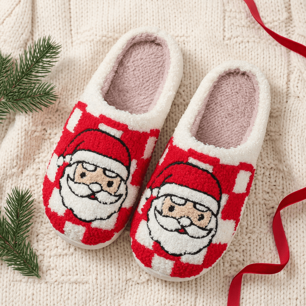Cozy Christmas Plush Slippers – Festive Santa & Pink Tree Holiday House Shoes - Bella Blossom Boutique
