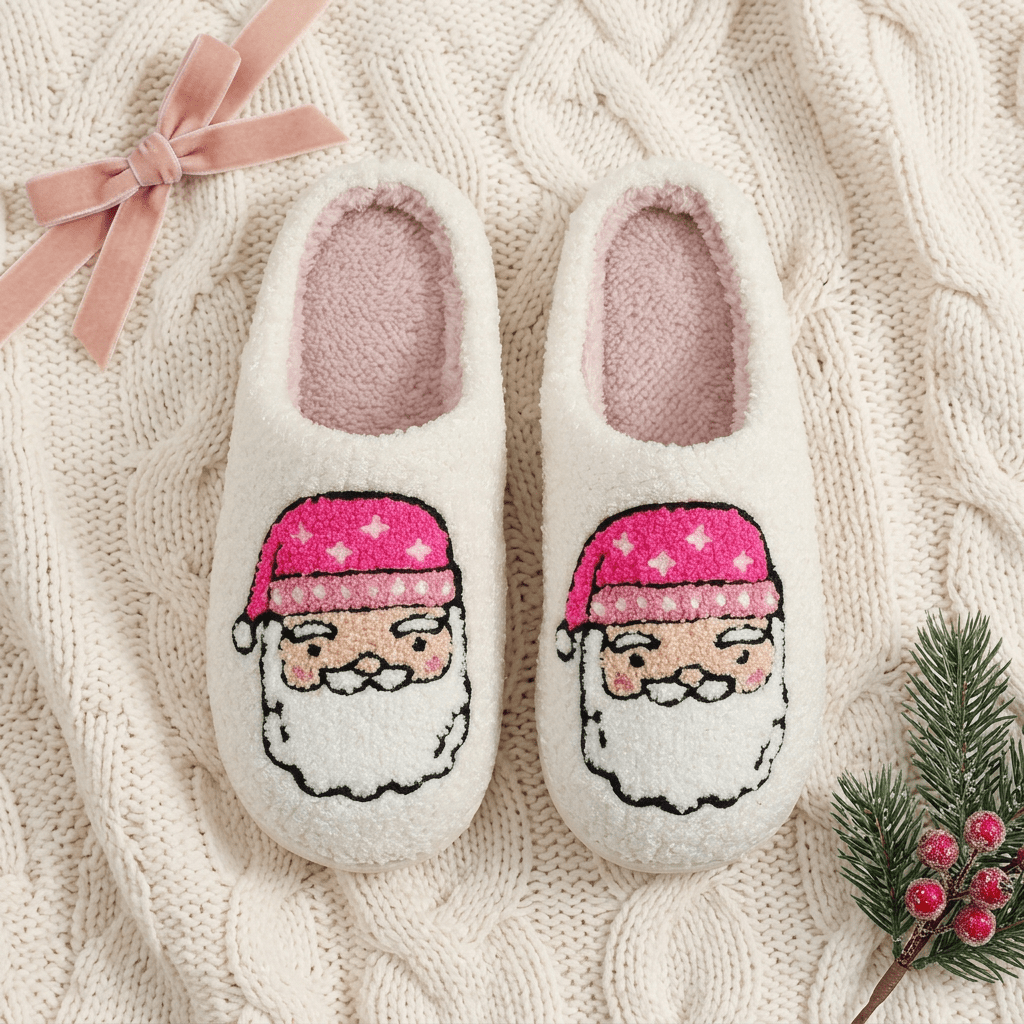 Cozy Christmas Plush Slippers – Festive Santa & Pink Tree Holiday House Shoes - Bella Blossom Boutique