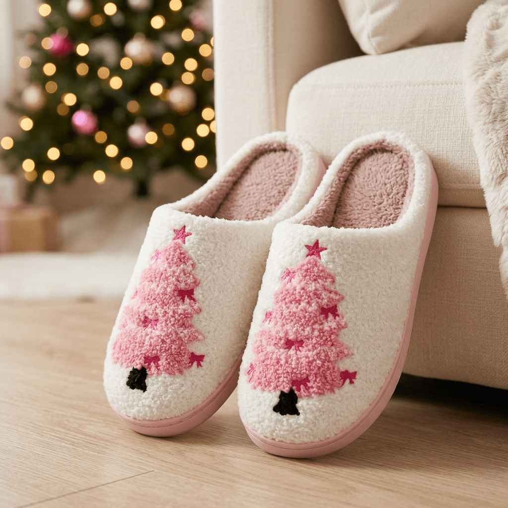 Cozy Christmas Plush Slippers – Festive Santa & Pink Tree Holiday House Shoes - Bella Blossom Boutique