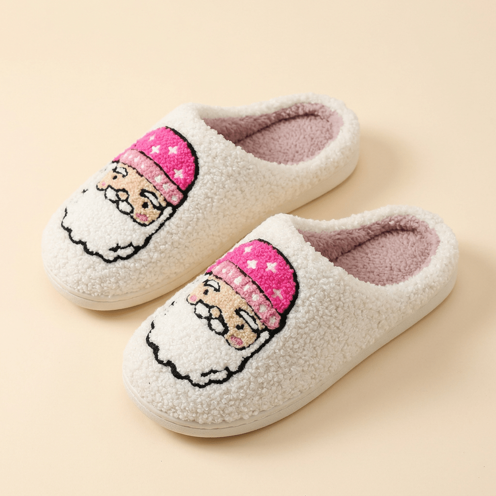 Cozy Christmas Plush Slippers – Festive Santa & Pink Tree Holiday House Shoes - Bella Blossom Boutique