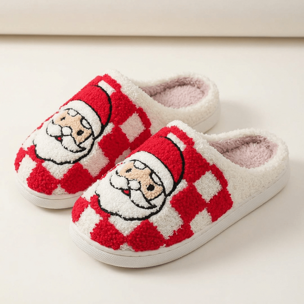 Cozy Christmas Plush Slippers – Festive Santa & Pink Tree Holiday House Shoes - Bella Blossom Boutique