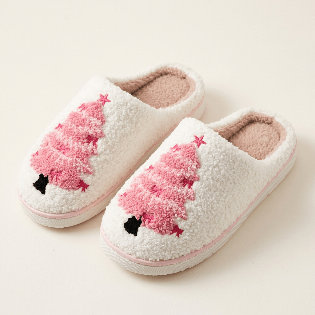 Cozy Christmas Plush Slippers – Festive Santa & Pink Tree Holiday House Shoes - Bella Blossom Boutique