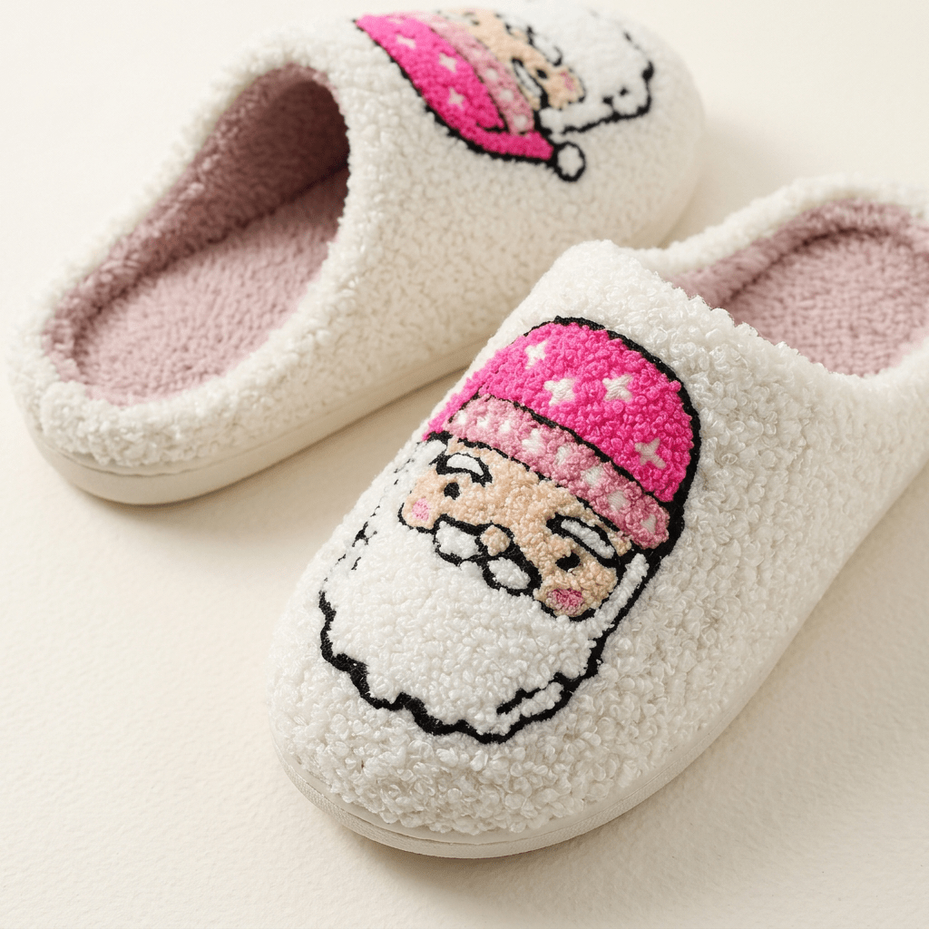 Cozy Christmas Plush Slippers – Festive Santa & Pink Tree Holiday House Shoes - Bella Blossom Boutique