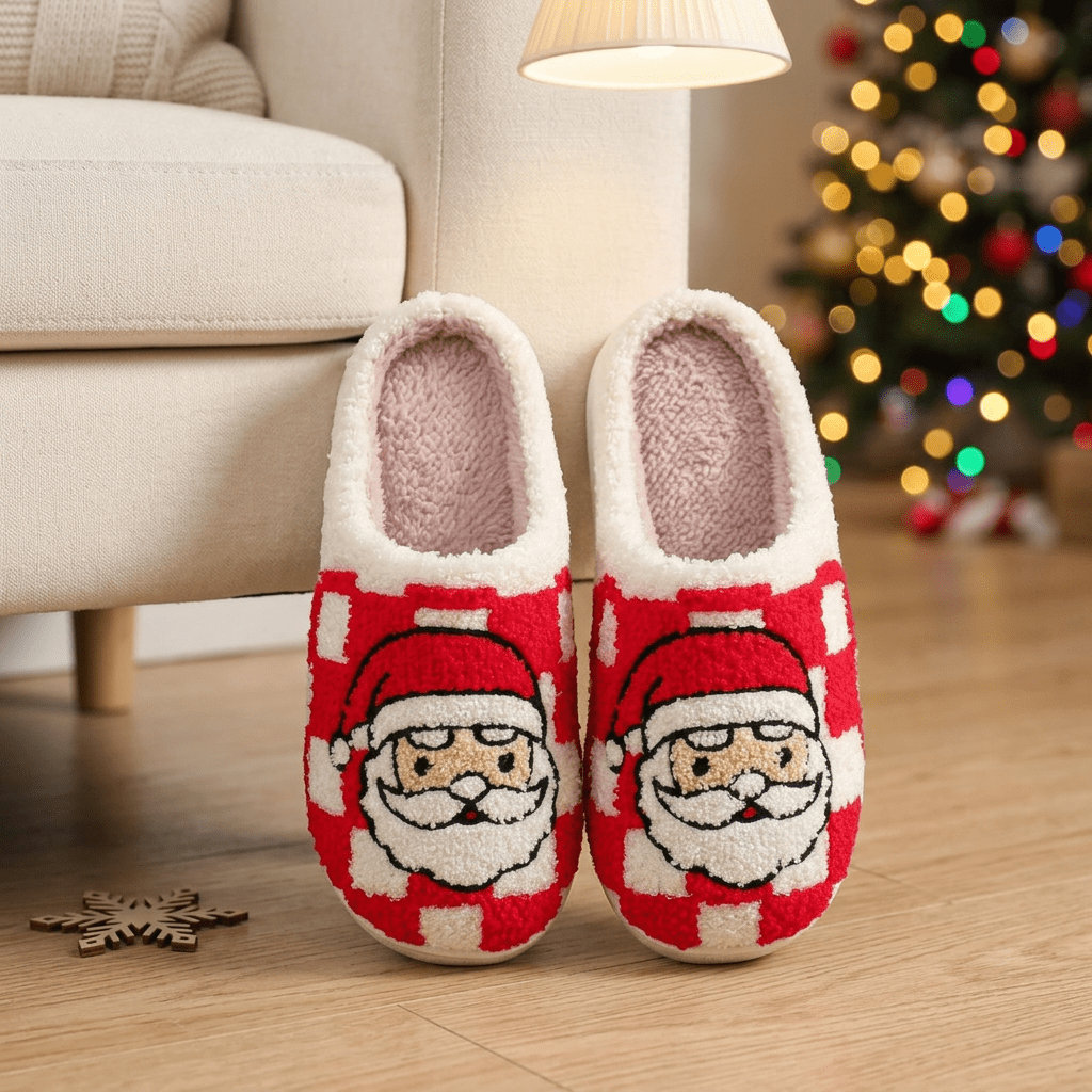 Cozy Christmas Plush Slippers – Festive Santa & Pink Tree Holiday House Shoes - Bella Blossom Boutique