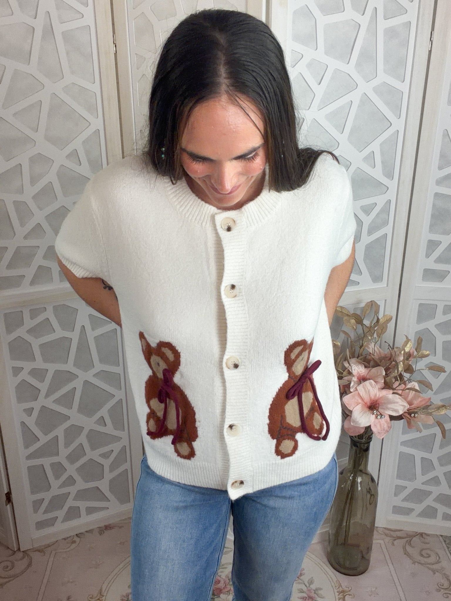 Cozy Teddy Bear Bow Button - Down Knit Sweater Top - Bella Blossom Boutique