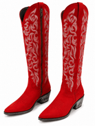 Crimson Luxe: Authentic Red Leather Embroidered Cowgirl Boots - Bella Blossom Boutique