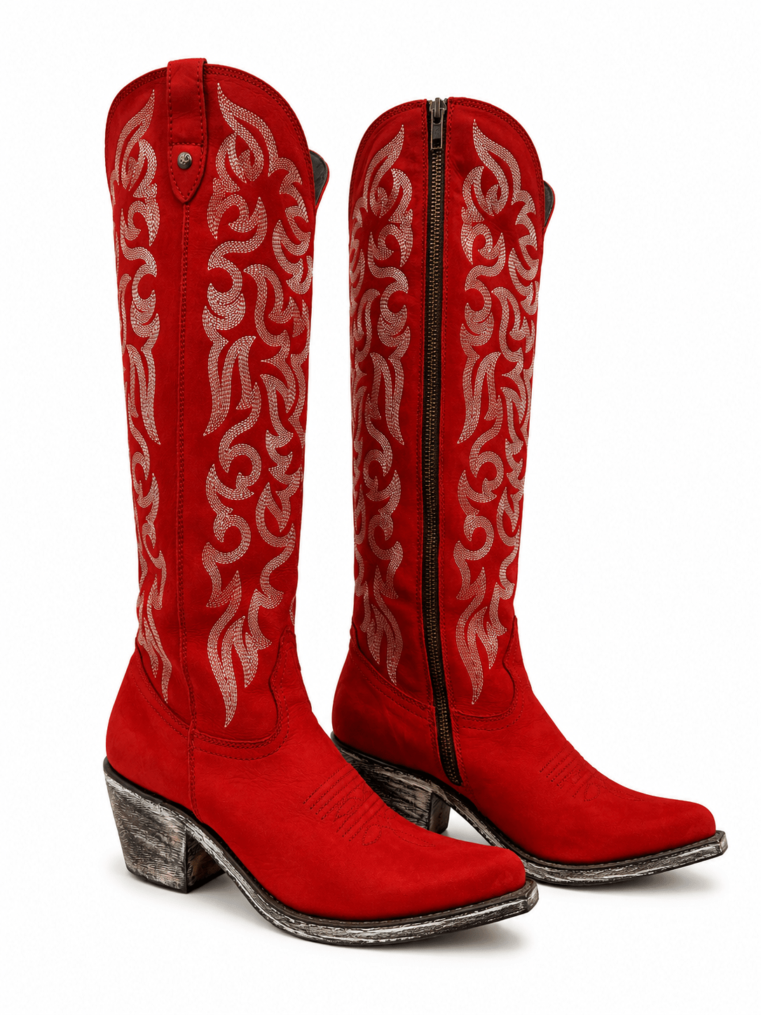 Crimson Luxe: Authentic Red Leather Embroidered Cowgirl Boots - Bella Blossom Boutique
