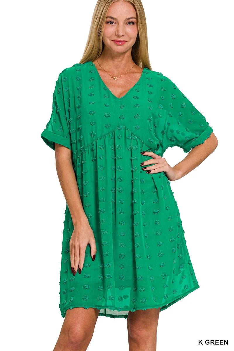Effortless Swiss Dot V - Neck Flutter Babydoll Dress - Bella Blossom Boutique