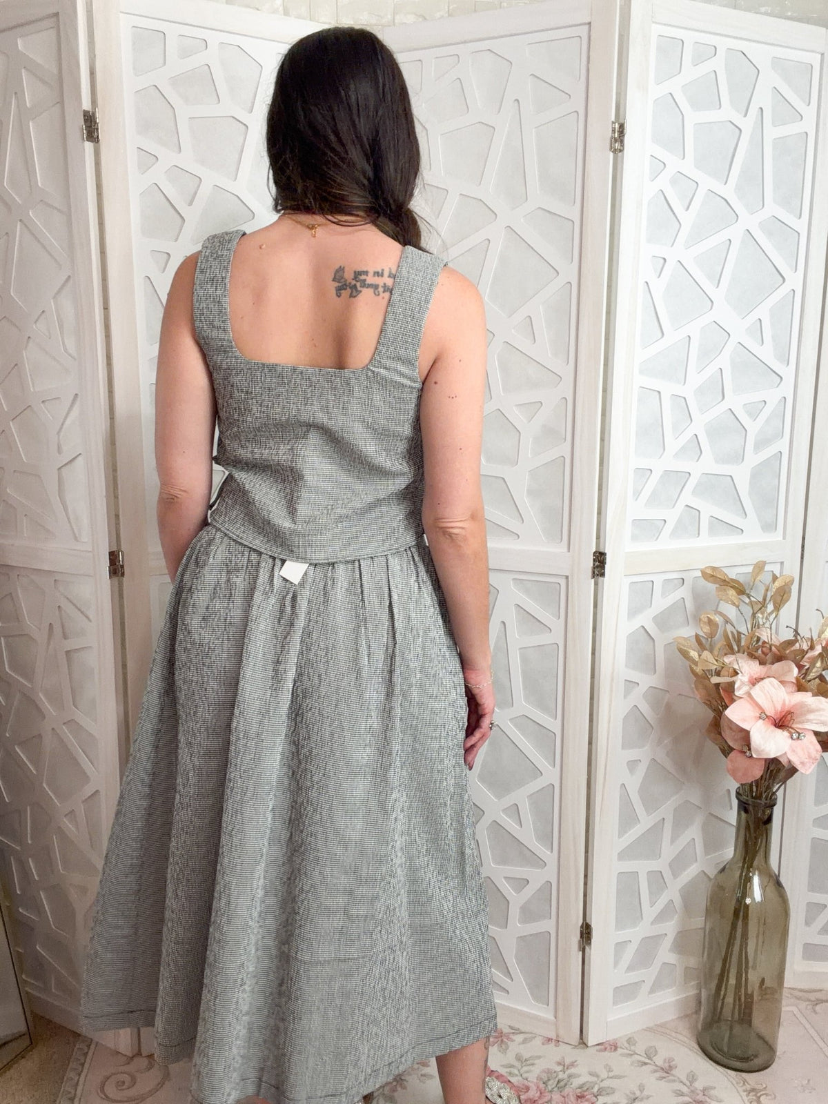 Elegance Plaid Two-Piece Midi Skirt & Crop Top Set - Bella Blossom Boutique