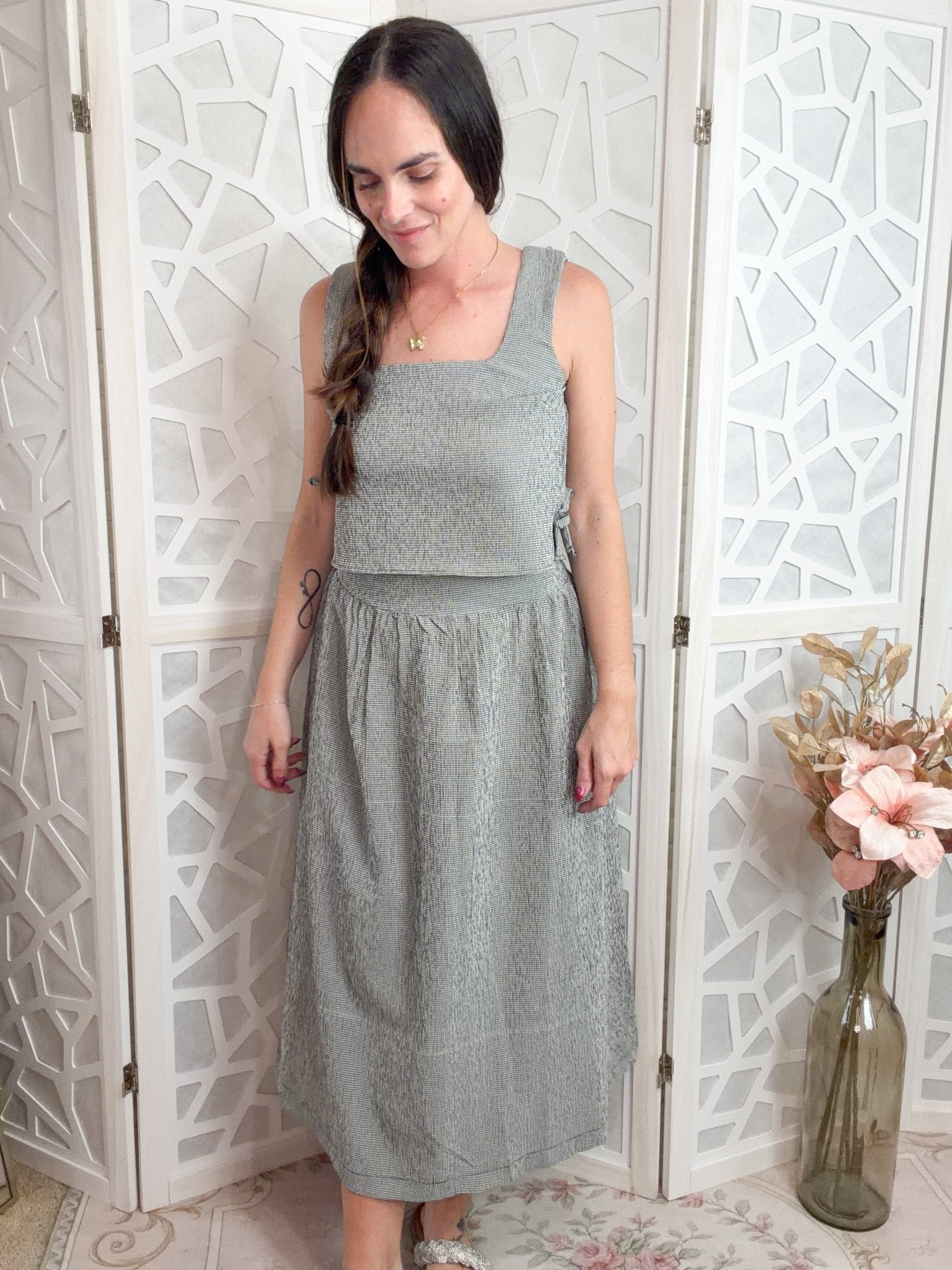 Elegance Plaid Two-Piece Midi Skirt & Crop Top Set - Bella Blossom Boutique