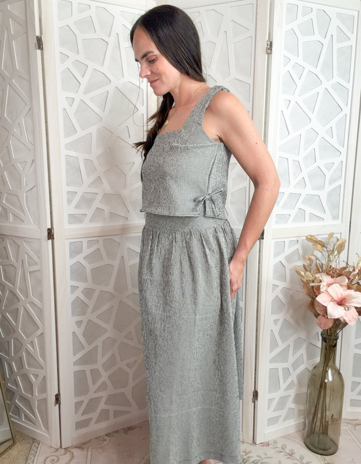 Elegance Plaid Two-Piece Midi Skirt & Crop Top Set - Bella Blossom Boutique