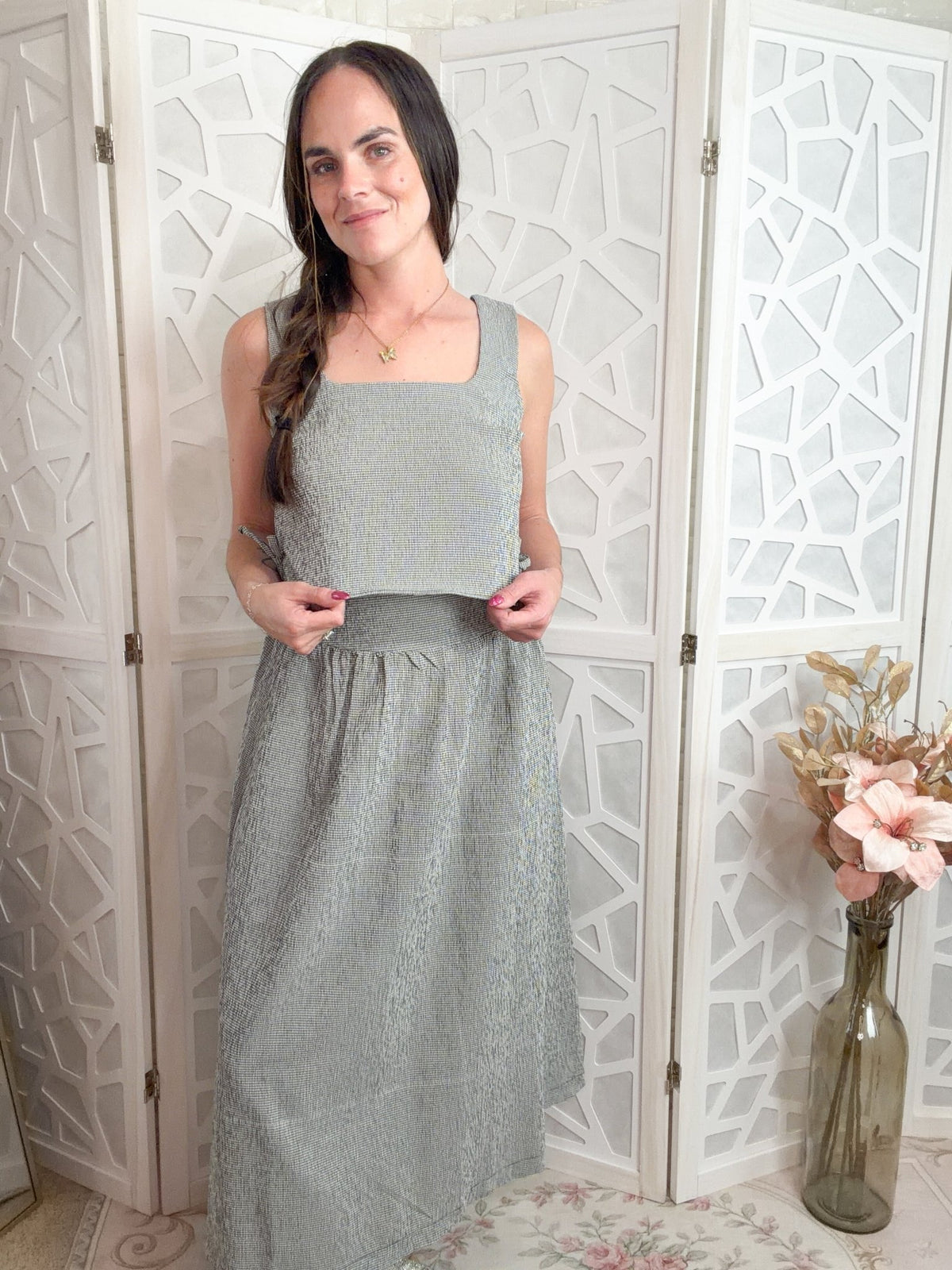 Elegance Plaid Two-Piece Midi Skirt & Crop Top Set - Bella Blossom Boutique
