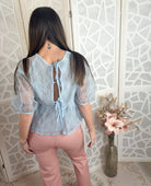 Elowen Floral Embroidered Sheer Peplum Blouse with Puff Sleeves - Bella Blossom Boutique