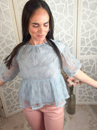 Elowen Floral Embroidered Sheer Peplum Blouse with Puff Sleeves - Bella Blossom Boutique