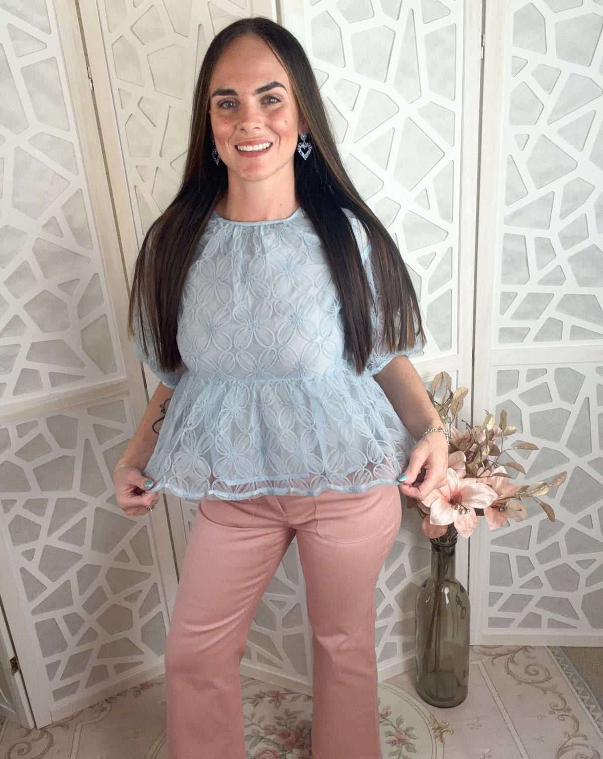 Elowen Floral Embroidered Sheer Peplum Blouse with Puff Sleeves - Bella Blossom Boutique