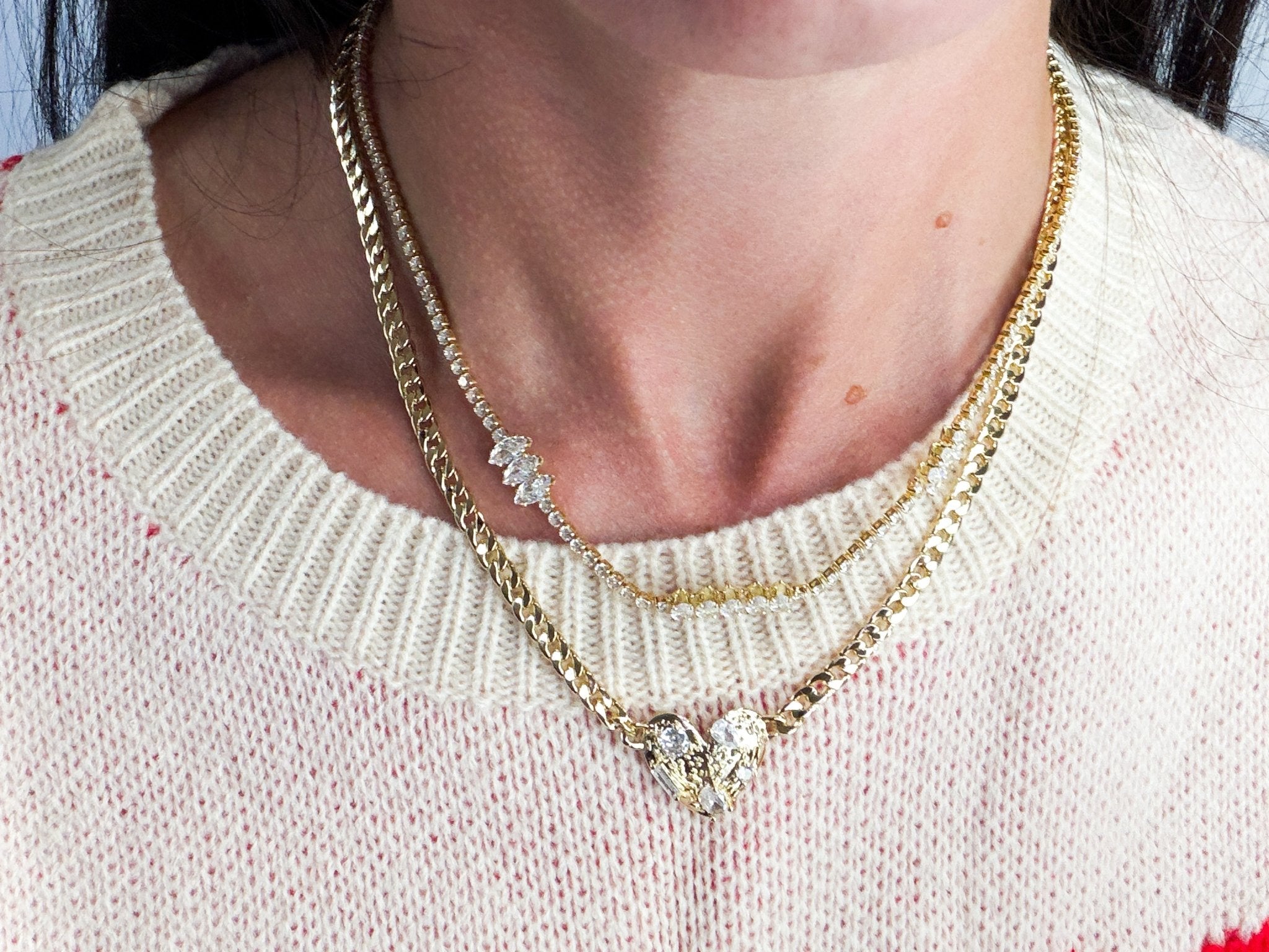 Eternal Glow: Rhinestone Studded Heart Necklace in Gold - Bella Blossom Boutique