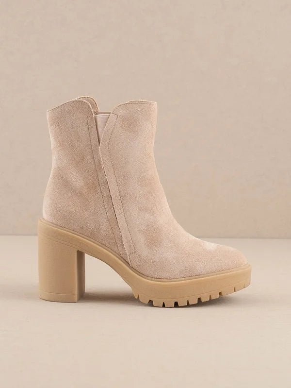 Everly Suede Block Heel Booties – Neutral Lug Sole Ankle Boots - Bella Blossom Boutique