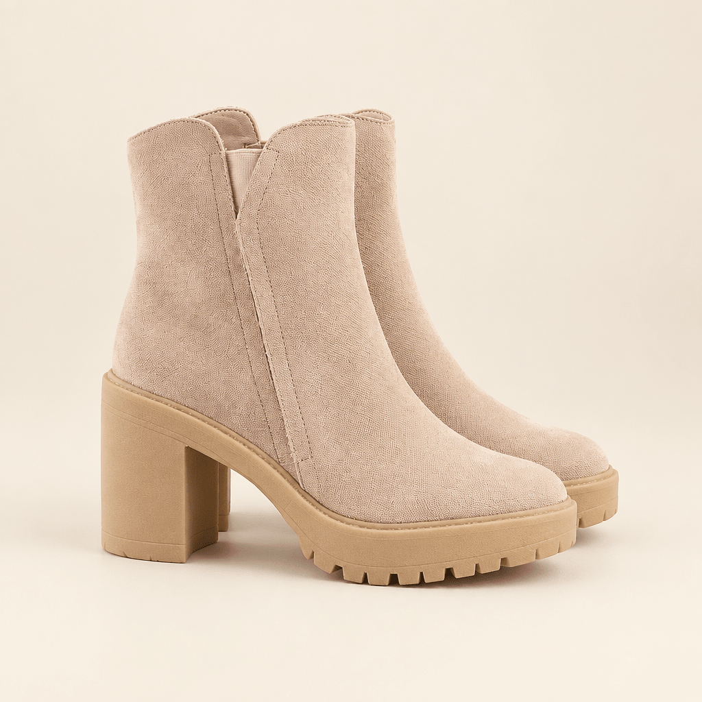 Everly Suede Block Heel Booties – Neutral Lug Sole Ankle Boots - Bella Blossom Boutique
