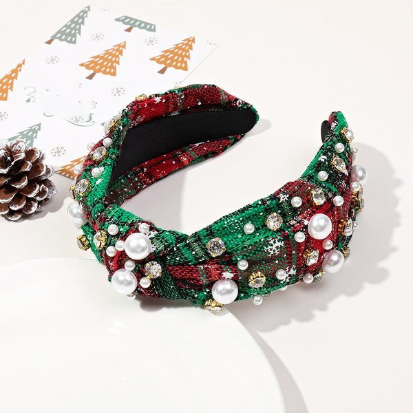 Festive Plaid & Pearl Knotted Headband – Sparkling Holiday Hair Accessory - Bella Blossom Boutique