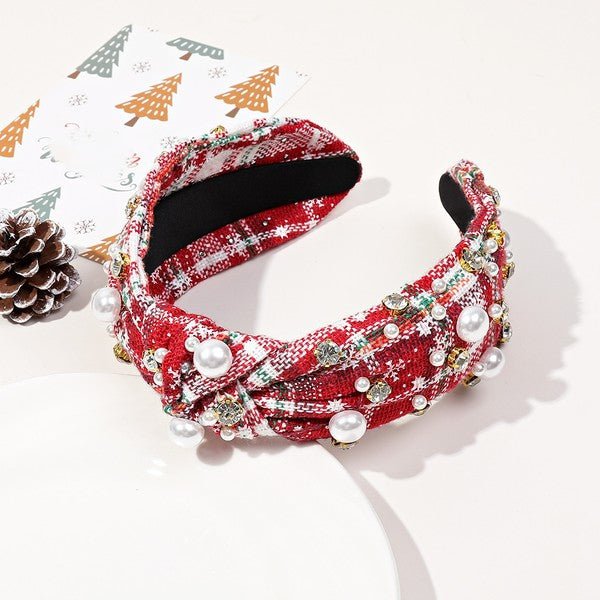 Festive Plaid & Pearl Knotted Headband – Sparkling Holiday Hair Accessory - Bella Blossom Boutique