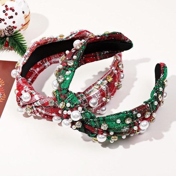 Festive Plaid & Pearl Knotted Headband – Sparkling Holiday Hair Accessory - Bella Blossom Boutique